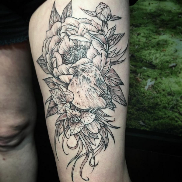 Floral and Realistic Bird on Thigh- Instagram @michaelbalesart