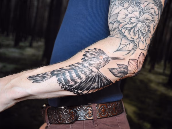 Black and Gray Bird (part of full sleeve)- Instagram @michaelbalesart