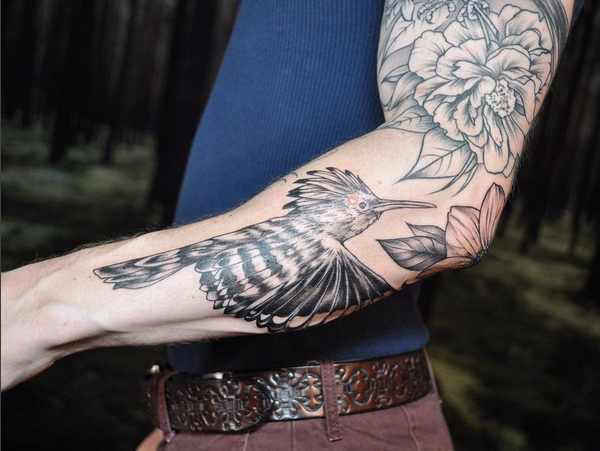 Black and Gray Bird (part of full sleeve)- Instagram @michaelbalesart