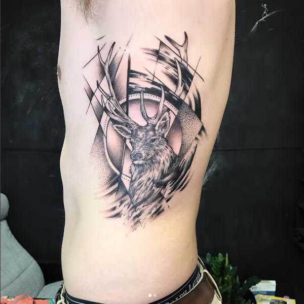 Stag Head and Geometric/Abstract Elements on Ribs- Instagram @MichaelBalesArt