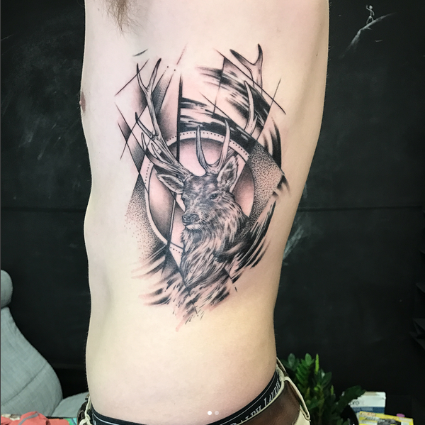 Stag Head and Geometric/Abstract Elements on Ribs- Instagram @MichaelBalesArt
