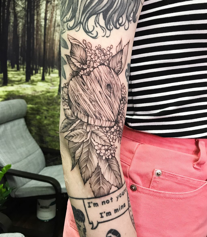 Woodgrain Heart and Elderberries on Arm- Instagram @MichaelBalesArt