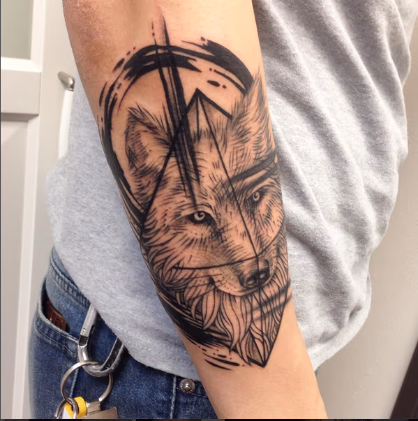 Geometric/Illustrative Wolf on Forearm- Instagram @michaelbalesart