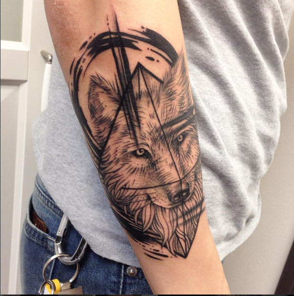 Geometric/Illustrative Wolf on Forearm- Instagram @michaelbalesart