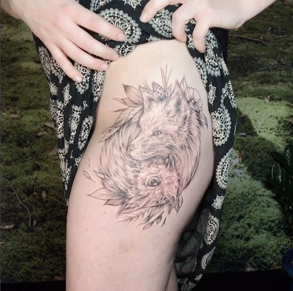 WIP Fox and Owl on Thigh- Instagram @MichaelBalesArt