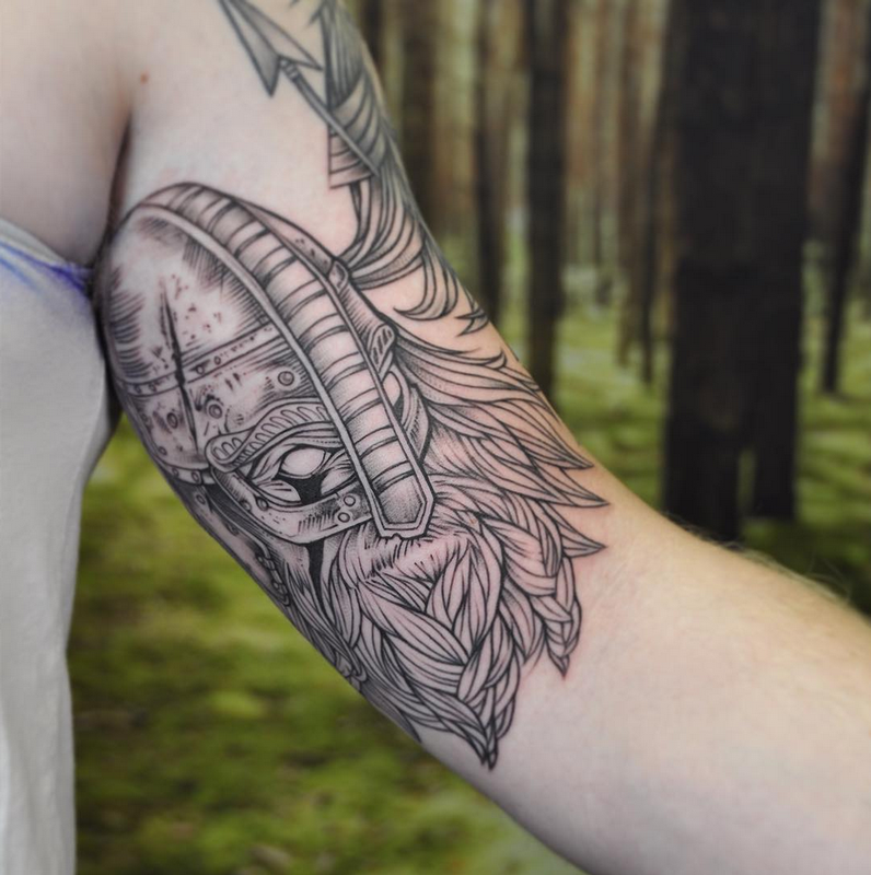 Viking on Inner Arm. Instagram @michaelbalesart