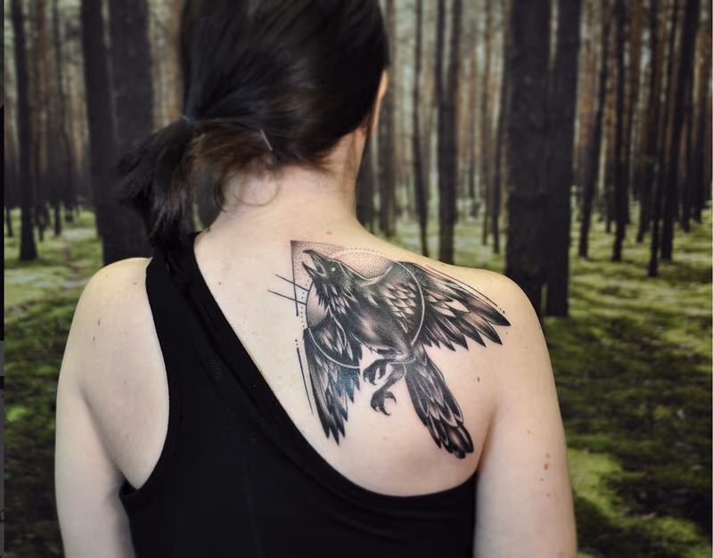 Blackwork-style Raven on Shoulder- Instagram @michaelbalesart