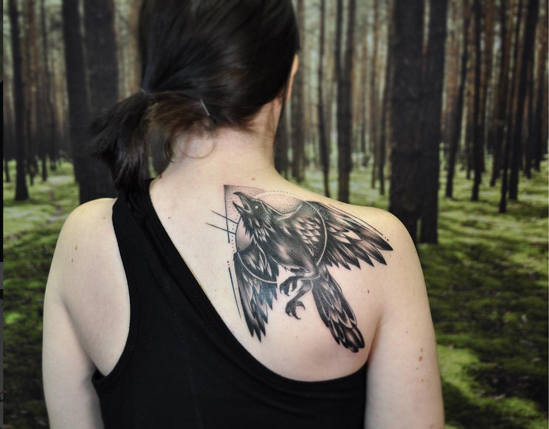 Blackwork-style Raven on Shoulder- Instagram @michaelbalesart