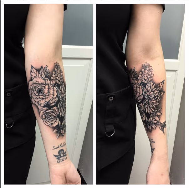 Floral Coverup on Forearm- Instagram @michaelbalesart