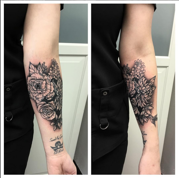 Floral Coverup on Forearm- Instagram @michaelbalesart