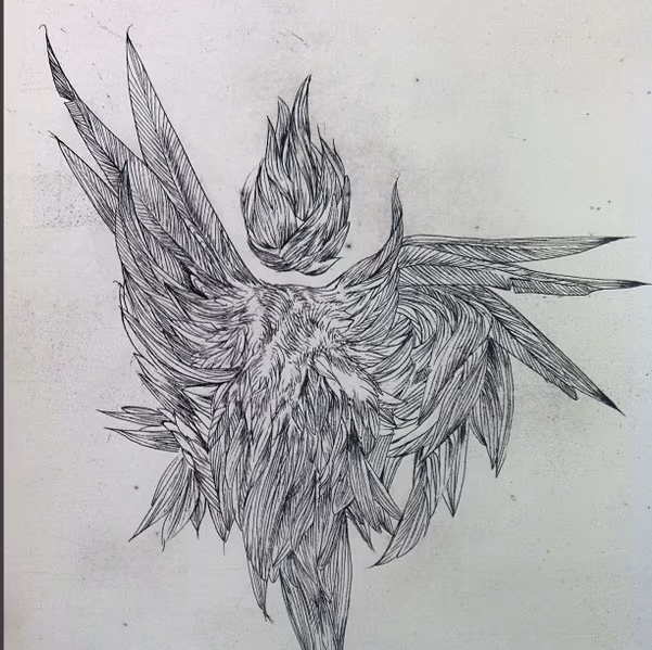 Feathers and Fire- copper etching- Instagram @michaelbalesart