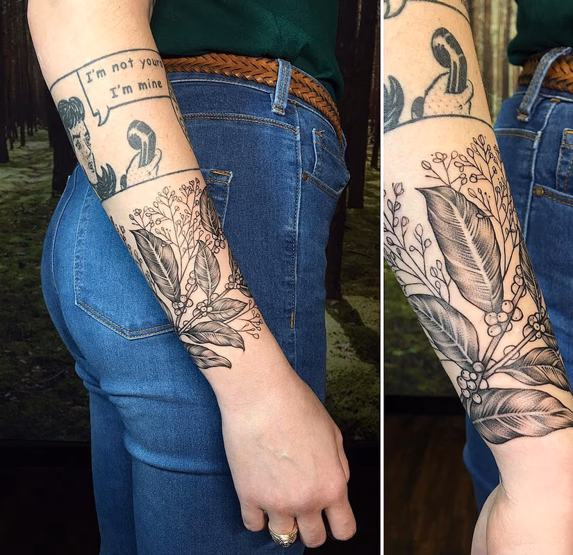Coffee Plant and Babys Breath on Forearm- Instagram @michaelbalesart