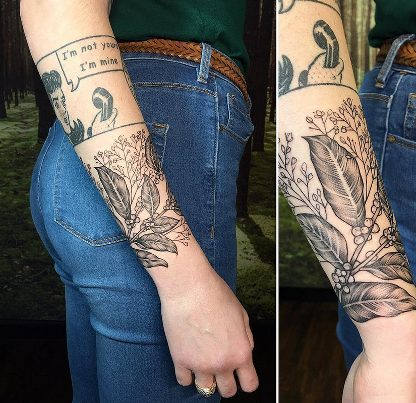 Coffee Plant and Babys Breath on Forearm- Instagram @michaelbalesart