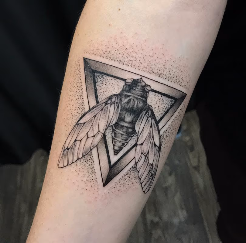 CICADA AND GEOMETRY ON FOREARM. INSTAGRAM @MICHAELBALESART