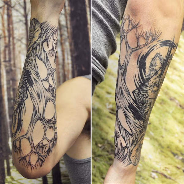 Black and Gray Bonsai Tree Wrapping to Geometric Wolf- Instagram @michaelbalesart