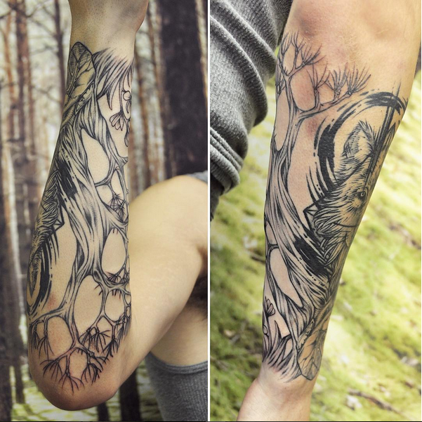 Black and Gray Bonsai Tree Wrapping to Geometric Wolf- Instagram @michaelbalesart