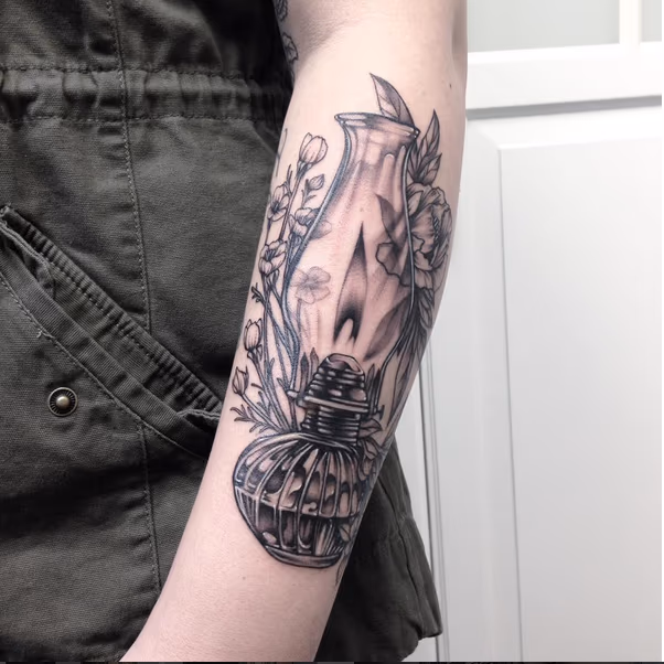 Oil Lamp and Floral on Forearm- Instagram @michaelbalesart