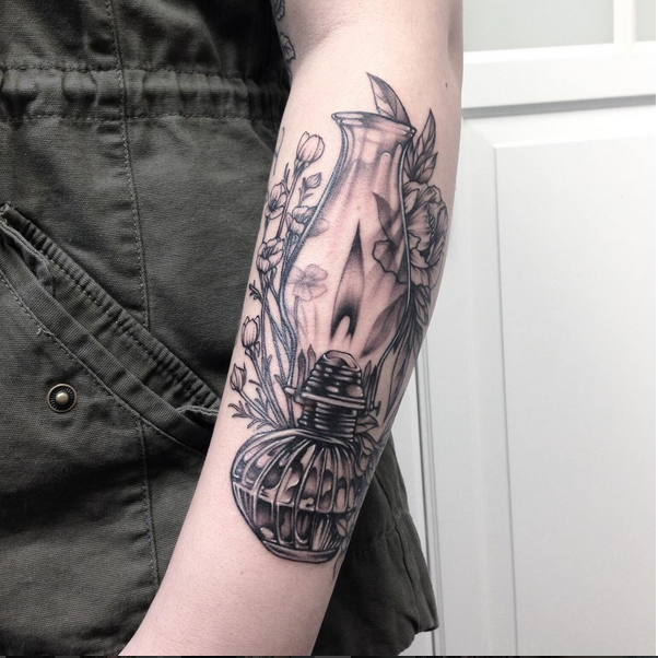 Oil Lamp and Floral on Forearm- Instagram @michaelbalesart