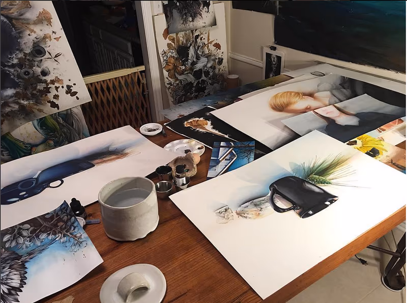 Studio- Watercolors in Progress. Instagram @michaelbalesart