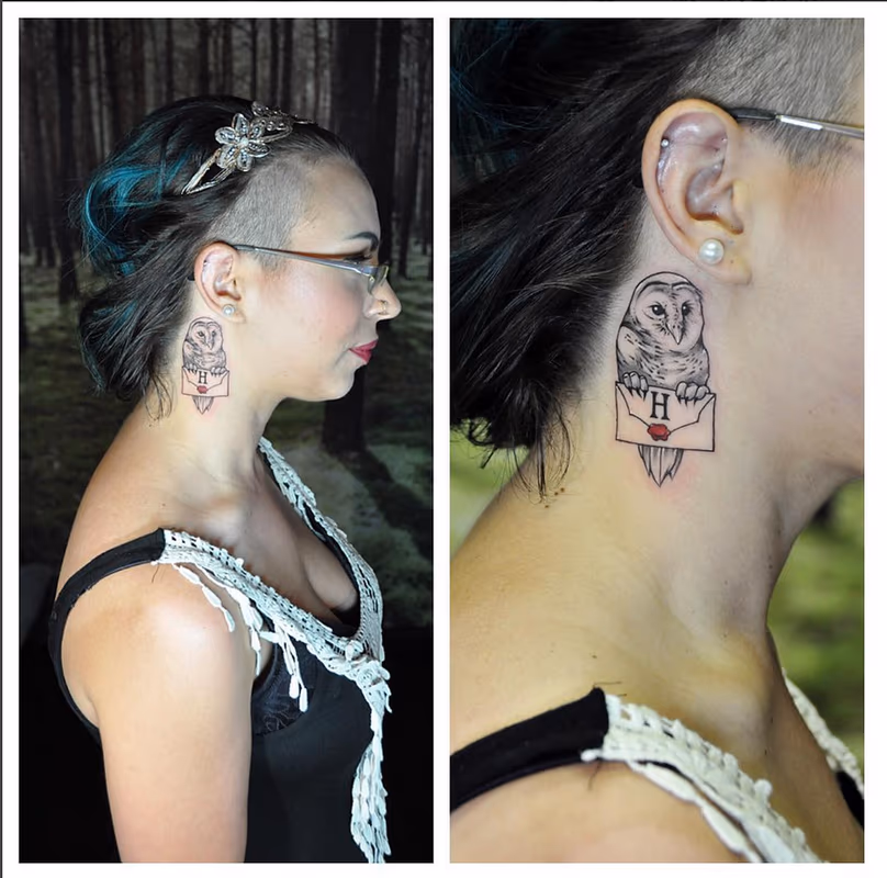 Hogwarts Letter on Neck. Instagram @michaelbalesart