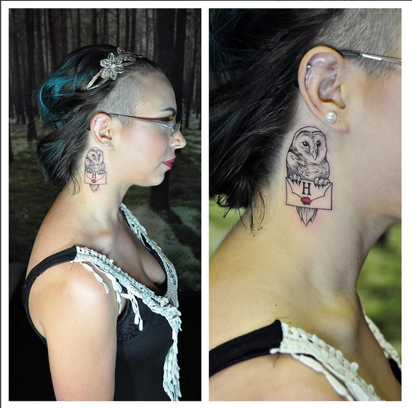 Hogwarts Letter on Neck. Instagram @michaelbalesart
