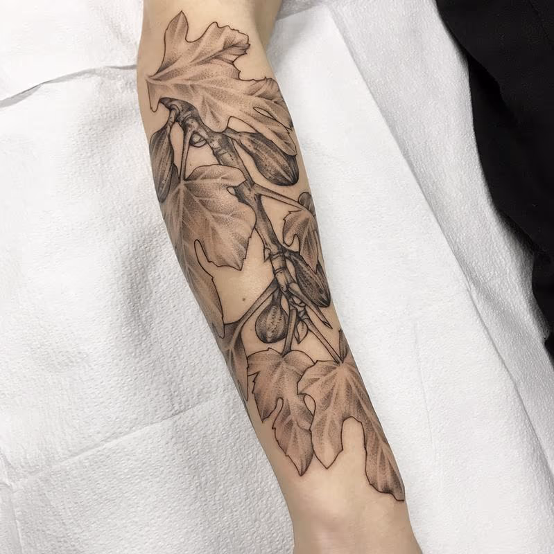 FIG BRANCHES AND FRUIT ON FOREARM. INSTAGRAM @MICHAELBALESART