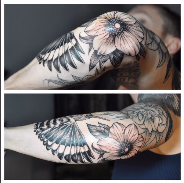 Floral and Bird on Elbow (detail shot)- Instagram @michaelbalesart