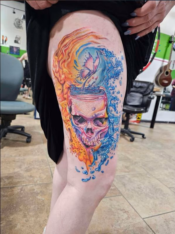 color skull butterfly fire ice tattoo By Daddy Jack