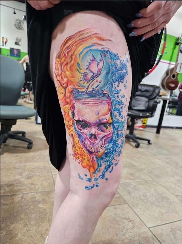 color skull butterfly fire ice tattoo By Daddy Jack