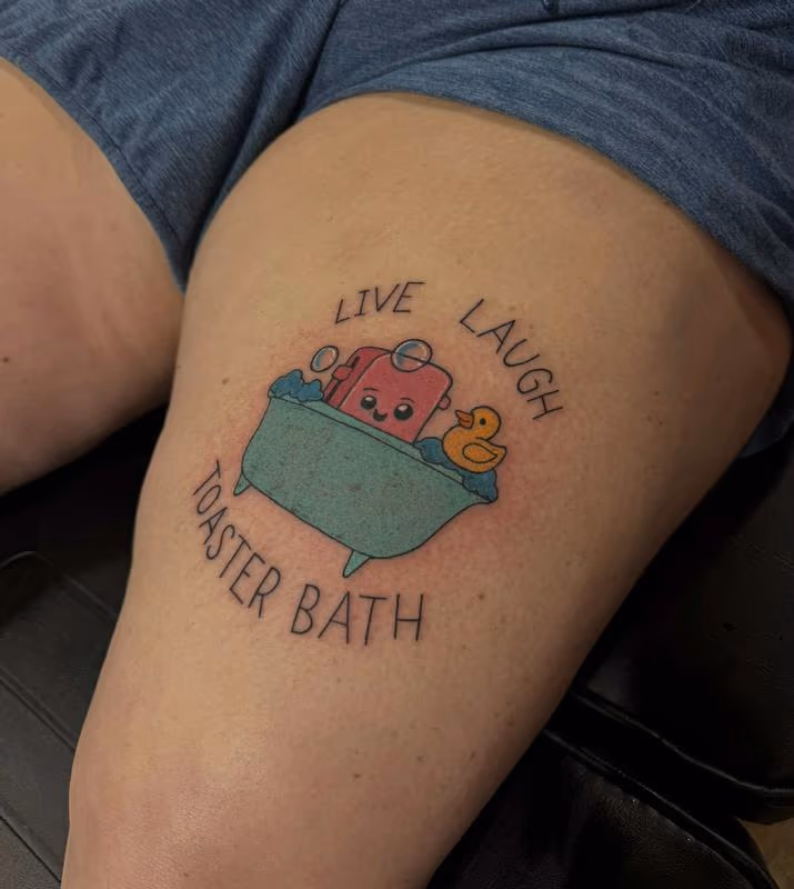 live laugh toaster bath tattoo done by Mari
