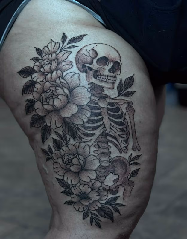 skull skeleton floral design tattoo by Mari
