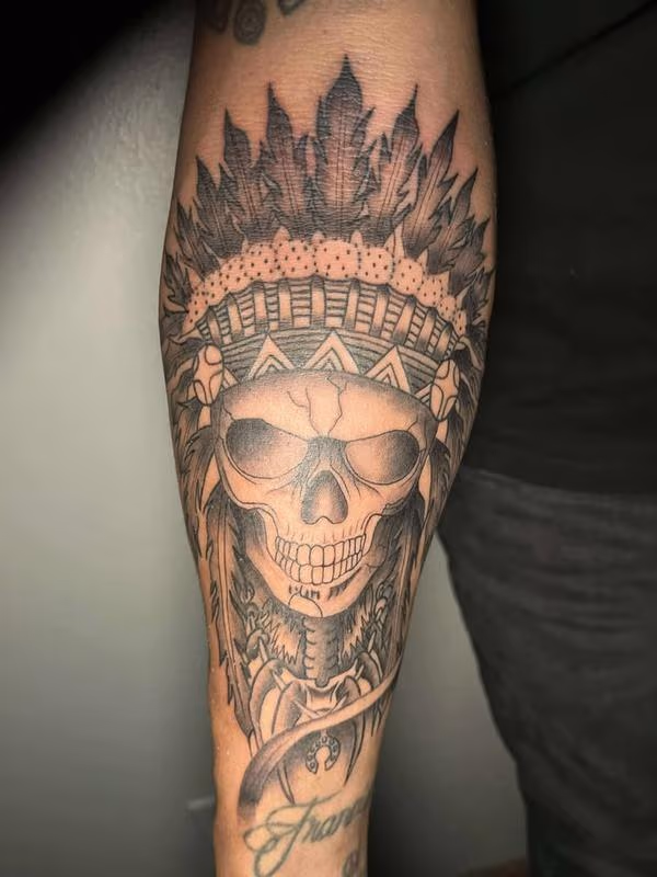 native american skull tattoo by Angel Hurtado