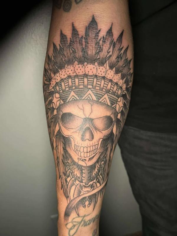native american skull tattoo by Angel Hurtado