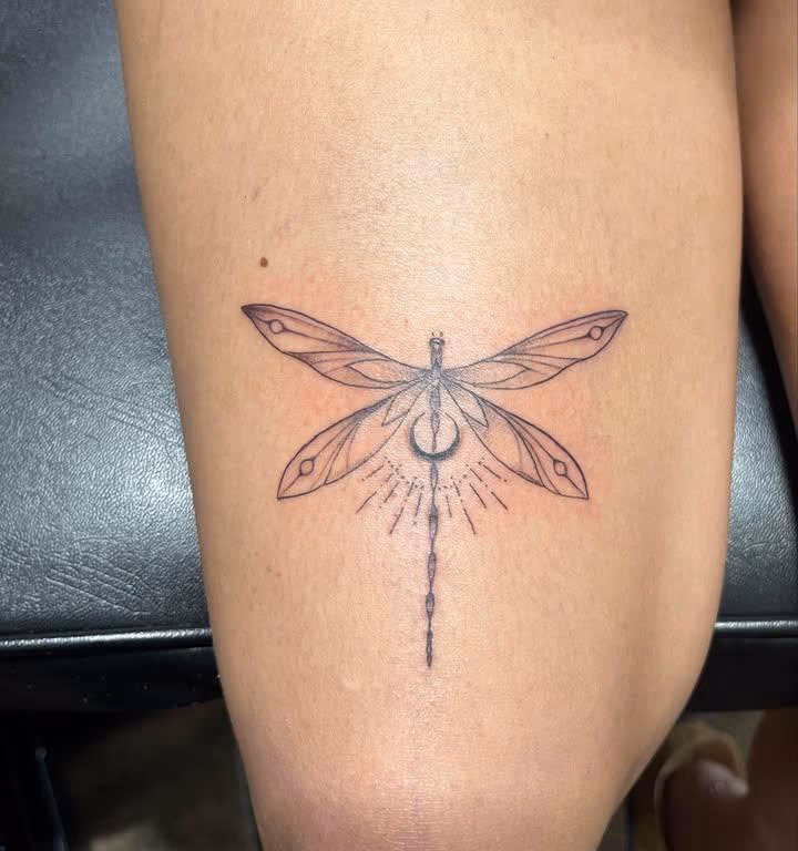 Dragonfly fine line tattoo by Angel