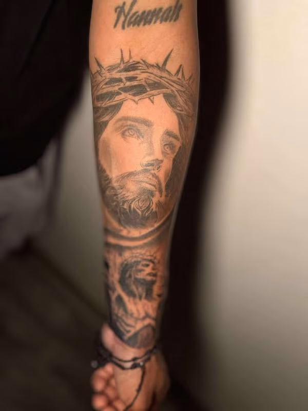 Jesus portrait religous tattoo by Angel Hurtado
