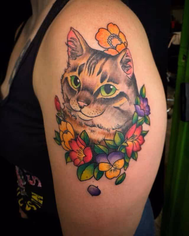 Neotradtional cat and floral tattoo by SlyFox