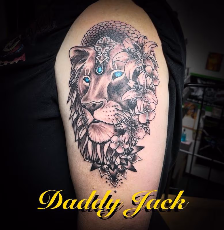 Lion with floral/geometric background