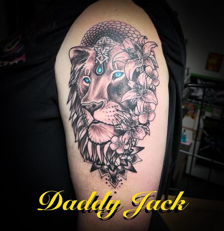 Lion with floral/geometric background