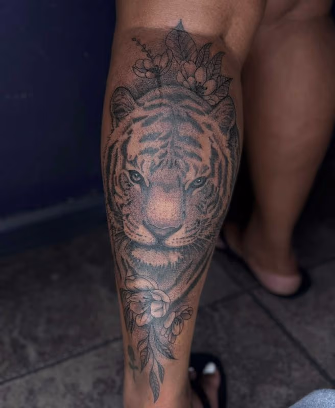 tiger floral tattoo by Mari