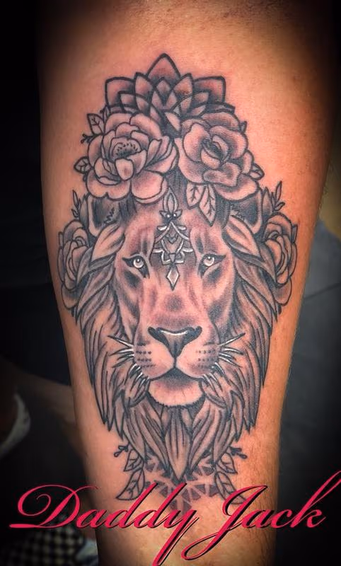 Lion with floral/geometric background