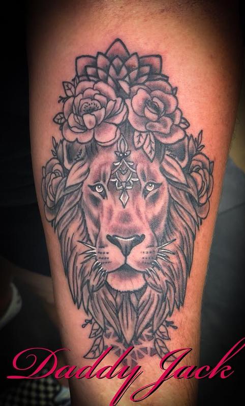 Lion with floral/geometric background