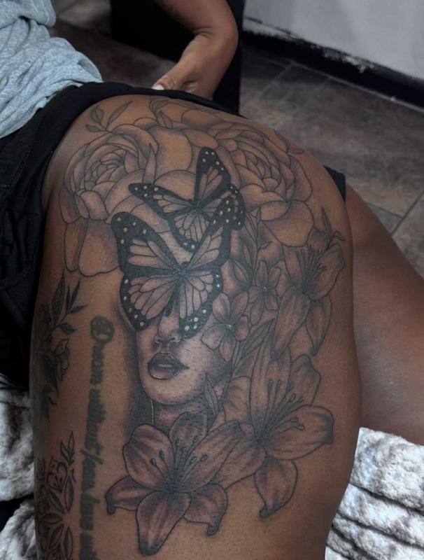 butterfly floral portrait black and grey tattoo by Mari