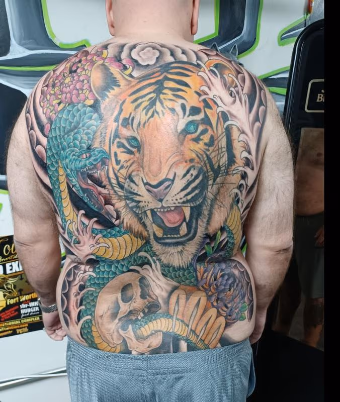neo traditional Japanese tiger snake back piece