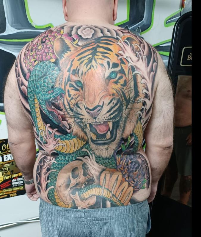 neo traditional Japanese tiger snake back piece