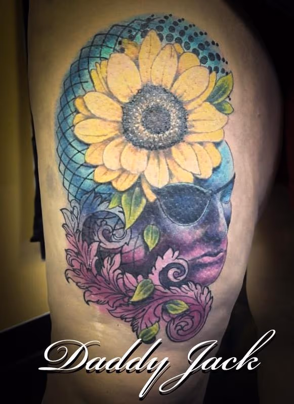 Sunflower and Face Memorial Tattoo