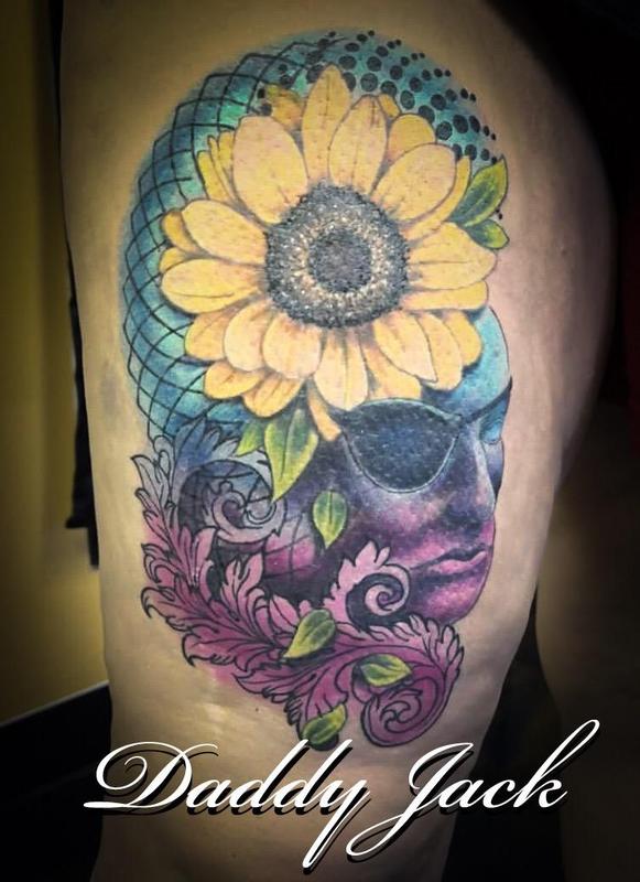 Sunflower and Face Memorial Tattoo