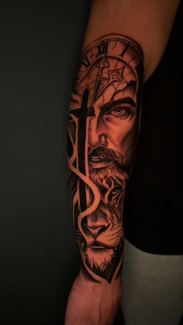 Jesus and lion portrait with clock, forearm
