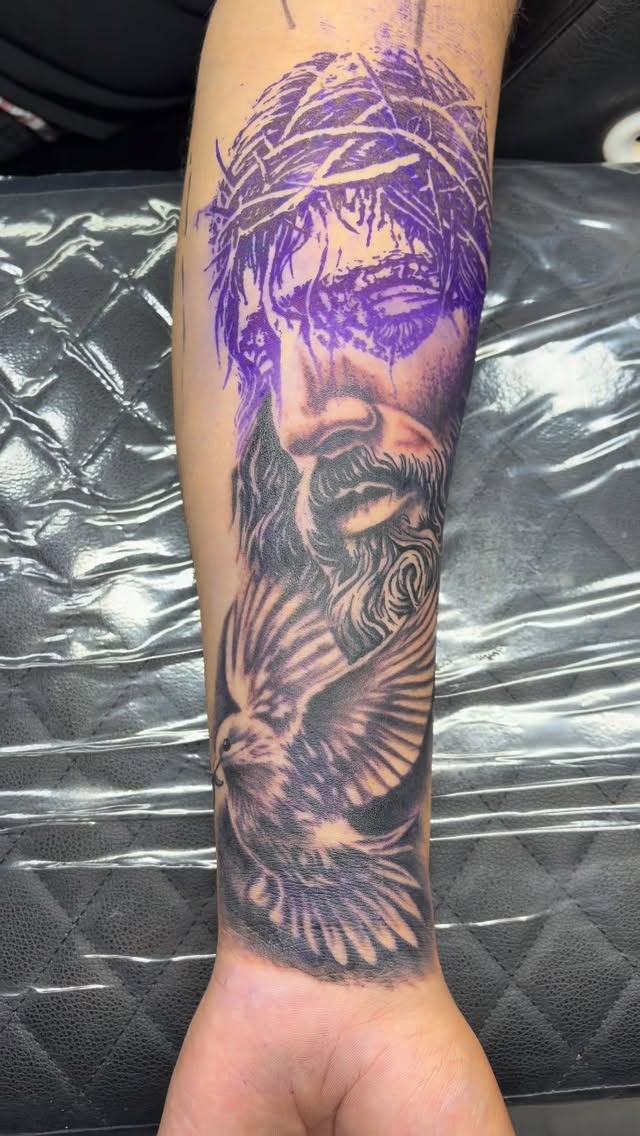 Jesus portrait with crown of thorns, forearm