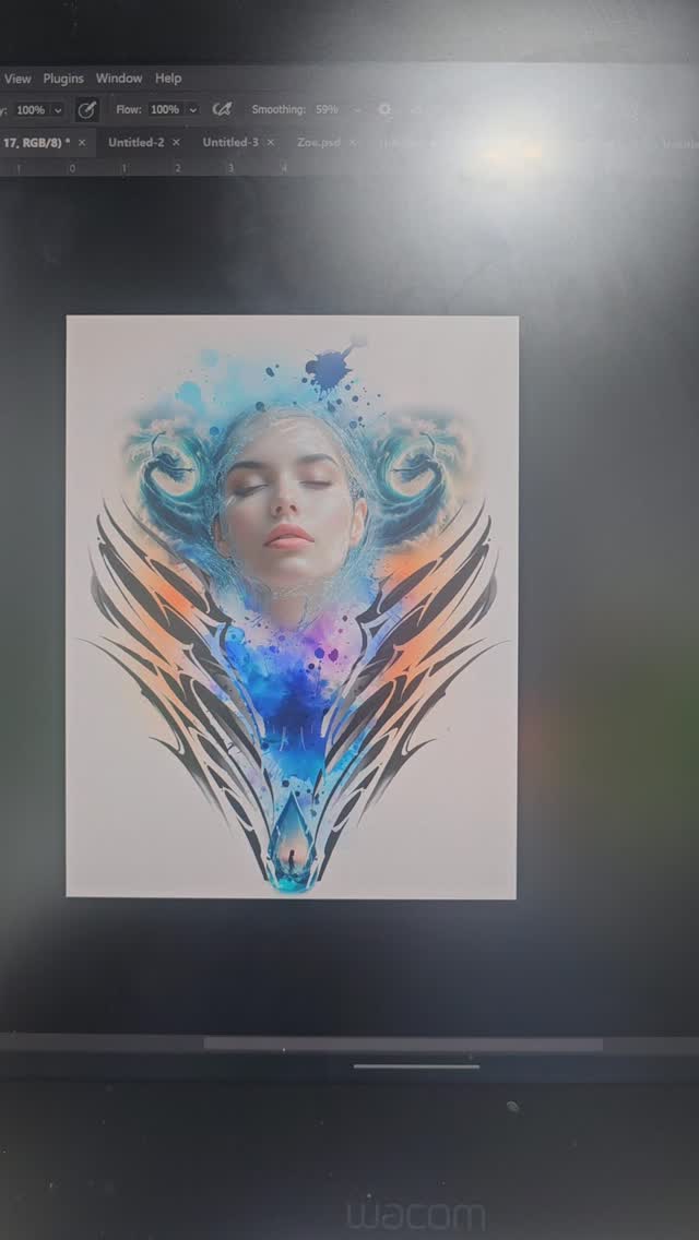 Surreal portrait with watercolor wings and celestial elements