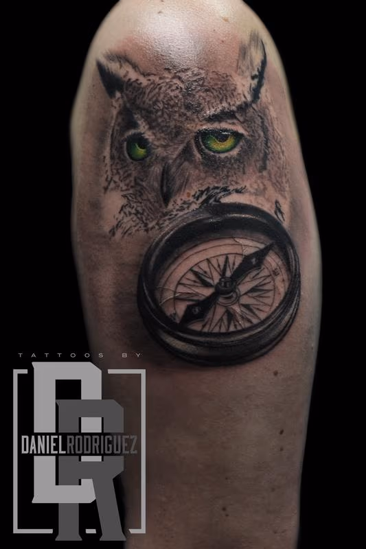 owl compass tattoo